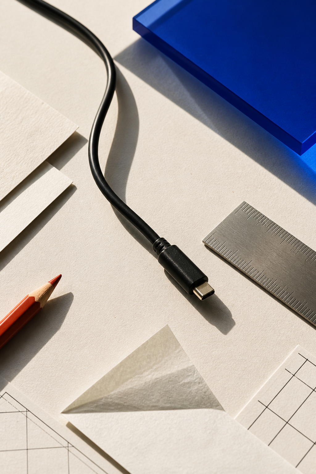 Reduziertes Stillleben mit Papier, Stift und Arbeitsmaterialien